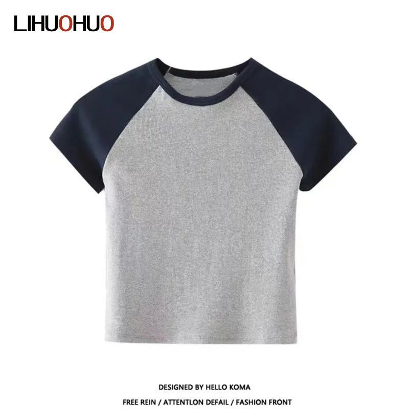 LIDADAuu/短款t恤女短袖2025夏季新款设计感小众修身拼接撞色上衣