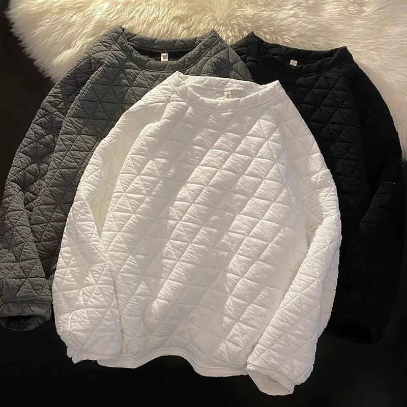 高档菱形格加厚压棉卫衣秋冬韩版新款时尚个性显瘦无帽圆领上衣女