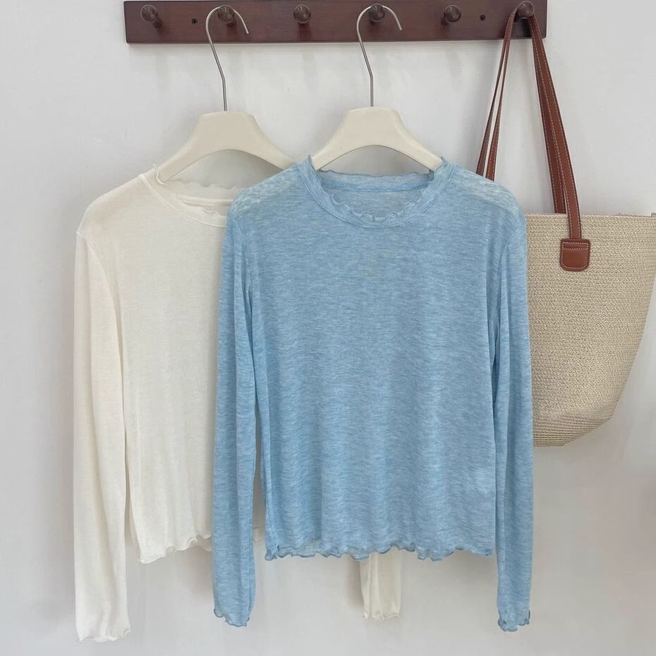 韩系甜美温柔圆领木耳边长袖t恤女薄款微透宽松显瘦百搭防晒上衣