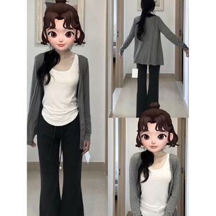 韩系简约长袖针织开衫女春夏季灰色莫代尔棉上衣外套防慵懒晒罩衫