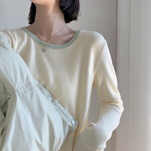 奶油拼色磨毛德绒自发热打底衫女秋冬季加厚修身圆领百搭长袖T恤