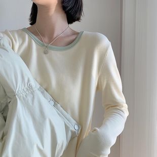 圆领百搭长袖 加厚修身 T恤 女秋冬季 奶油拼色磨毛德绒自发热打底衫