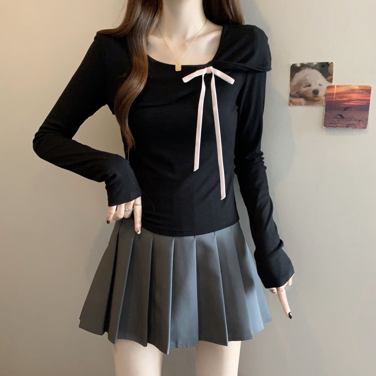 纯欲风辣妹蝴蝶结莫代尔黑色长袖T恤女秋新款修身显瘦打底衫上衣