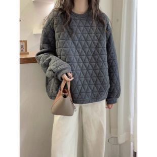 菱格夹棉卫衣女秋冬季 胖mm宽松慵懒风上衣加厚保暖上衣 2025大码