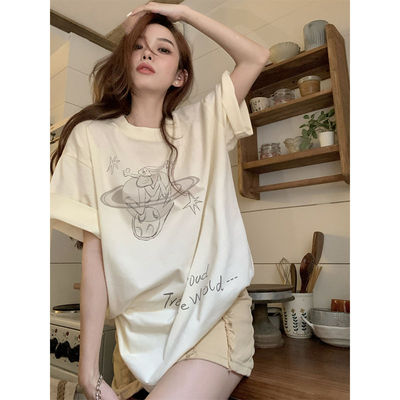杏色兔子印花莫代尔短袖T恤女夏季薄款韩系设计小众宽松港味上衣