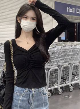 秋冬甜辣妹纯欲修身显瘦短款韩版v领长袖德绒打底衫女装外穿上衣
