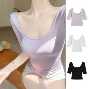 辣妹低领中袖短款T恤女薄款打底衫修身纯色百搭紧身U领五分袖上衣