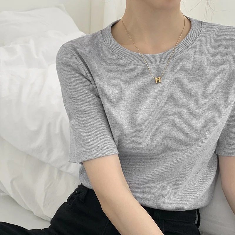 显瘦灰色短袖t恤女夏季春装日系内搭新款百搭螺纹针织圆领上衣女