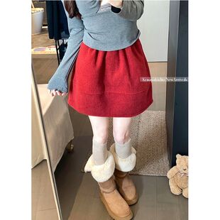 圣诞新年红色毛呢半身裙冬季新款高腰显瘦花苞短裙女装韩版秋冬款