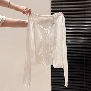 針織開衫 廣州十三行高貨 鏤空系帶防曬衫 女寬松短款 白色薄款 上衣