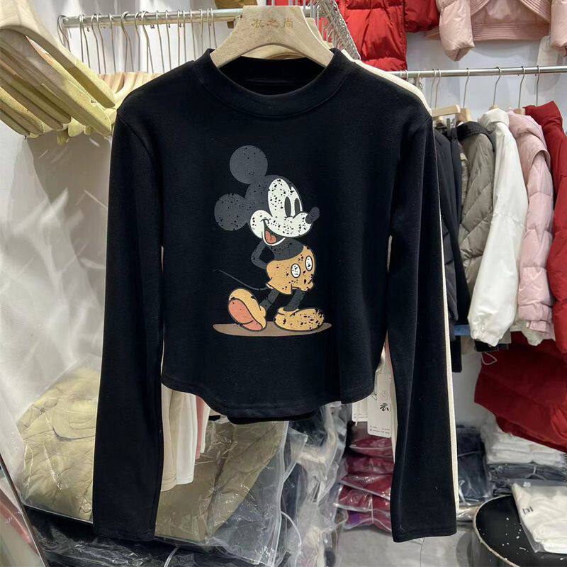 2025冬季卡通米奇图案双面德绒T恤女加绒短款休闲圆领内搭打底衫