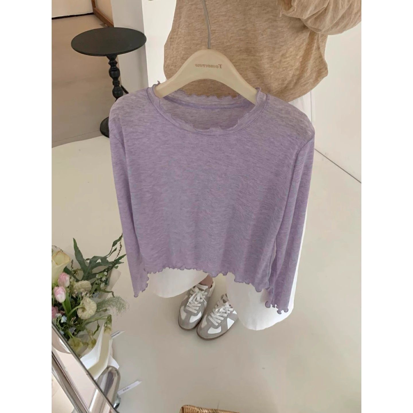 十三行韩系软糯温柔风木耳边亲肤内搭长袖打底衫纯色轻薄T恤上衣