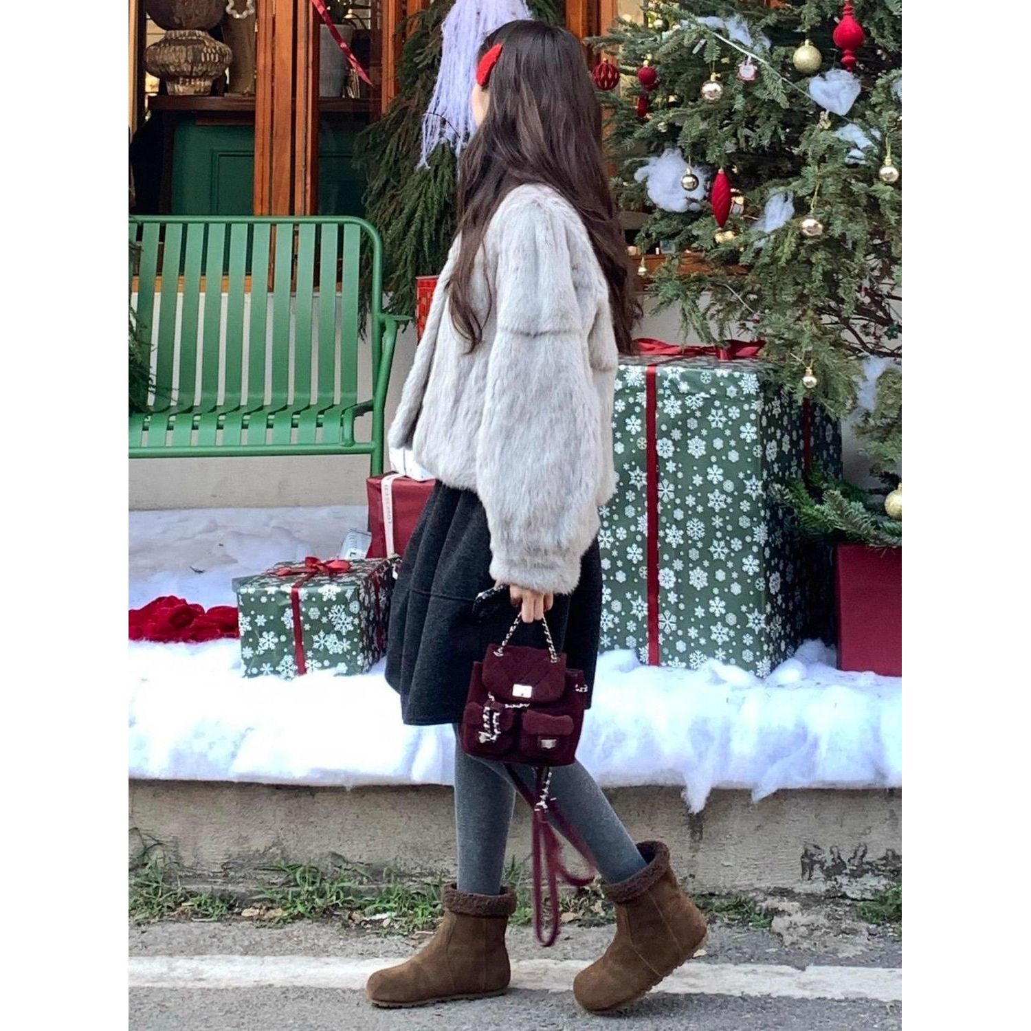 韩系松紧腰花苞毛呢中裙女秋冬季新款拼接遮垮显瘦五分蓬蓬半身裙