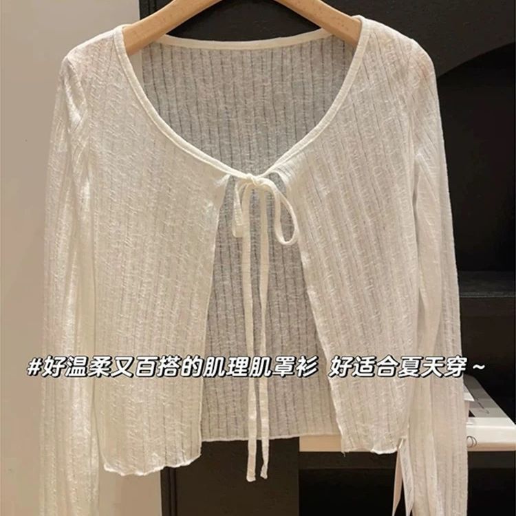 肌理感白色缕空系带设计感防晒针织开衫女2025夏季新款宽松上衣