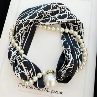 磁吸扣珍珠项链窄小长条丝巾女春秋夏季 纱巾薄围巾 护颈围脖子衬衫