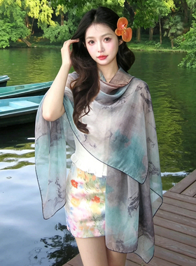 绿色国风丝巾女2026夏季新款办公室空调房薄款大披肩旅游防晒围巾