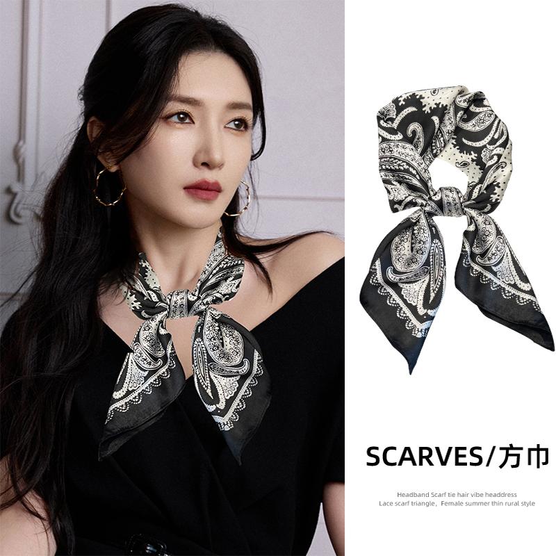 丝巾女韩版2025新款腰果花薄方巾黑色领巾女高级感系脖子颈带装饰