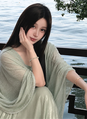 绿色丝巾披肩女2026薄款棉