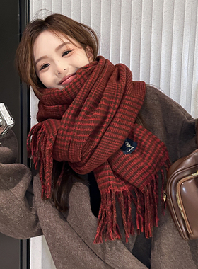 围巾女冬季2024新款韩版百搭高级感仿羊绒安可拉红千鸟格保暖围脖