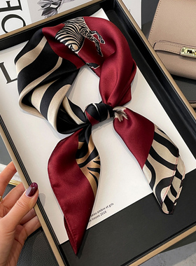 红色丝巾女韩版春秋杭州丝绸斑马纹领巾百搭真丝100%桑蚕丝小方巾