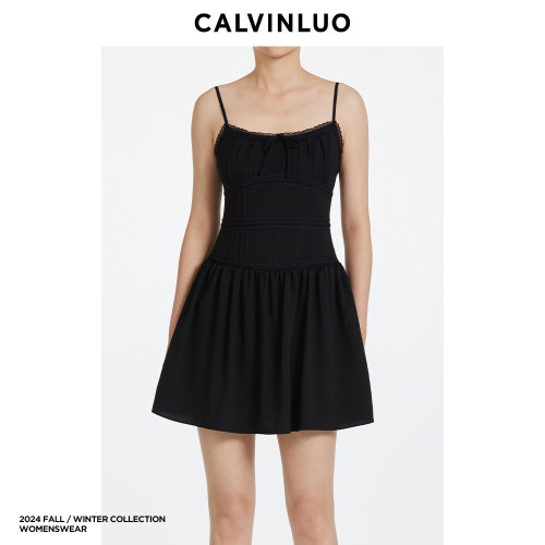 CALVINLUO 新品 黑色蕾丝拼接吊带裙