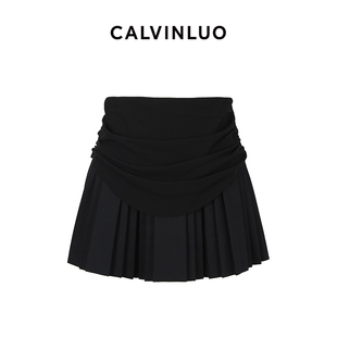 黑色垂坠褶皱百褶半裙 女装 CALVINLUO 24新品
