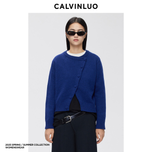 CALVINLUO 圆领开衫毛针织衫羊毛套头上衣 25SS新品 褐色/宝蓝