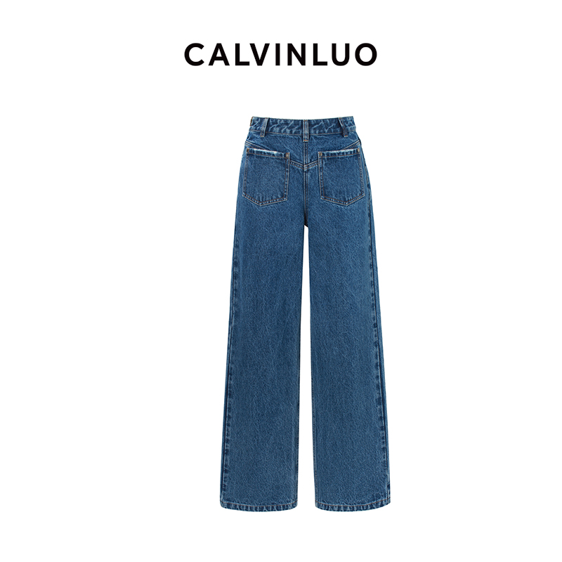 CALVINLUO 24新品 反穿侧拉链牛仔裤长裤  蓝色/黑色