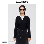 CALVINLUO 白色 黑白 圆领假两件长T恤 25SS新品