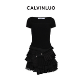 24新品 女装 纯色针梭拼百褶连衣裙 CALVINLUO 白 黑
