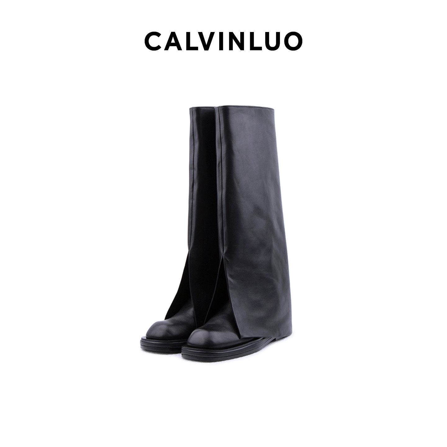 CALVINLUO 春季黑色方头骑士靴中跟裤管靴女时装靴明星同款靴子