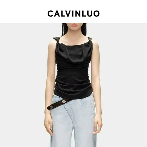 CALVINLUO肩饰垂褶长款吊带