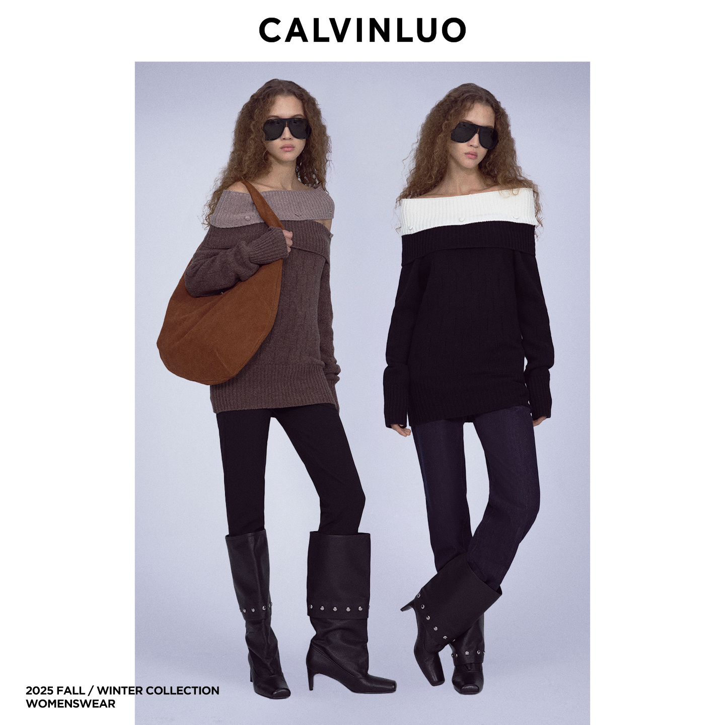 CALVINLUO 25秋季新品纽扣拼接一字肩拼色毛针织衫女修身时髦上衣