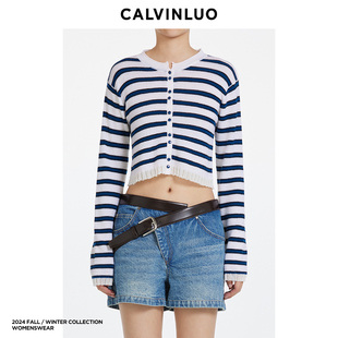 24新品 CALVINLUO 羊毛针织条纹开衫 上衣