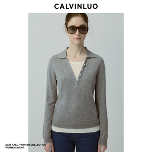 针织衫 CALVINLUO 极简风假两件撞色百搭长袖 新品 女毛衣上衣 25秋季