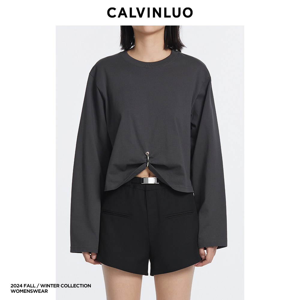 CALVINLUO圆环收褶长袖圆领T恤