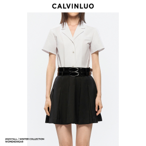 CALVINLUO 拼接百褶衬衫连衣裙 23秋冬 新品  卡其/黑/深灰色