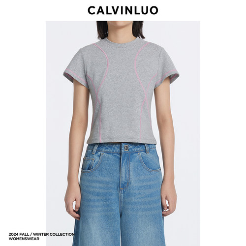 CALVINLUO 分割线短T恤 新品 白/灰色