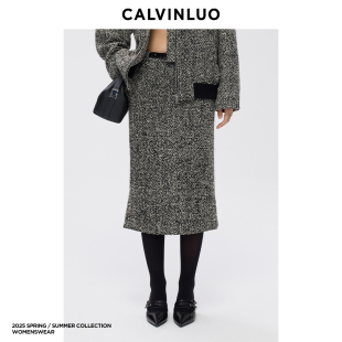 新品 CALVINLUO 棕黑直筒开衩毛呢羊毛半身裙
