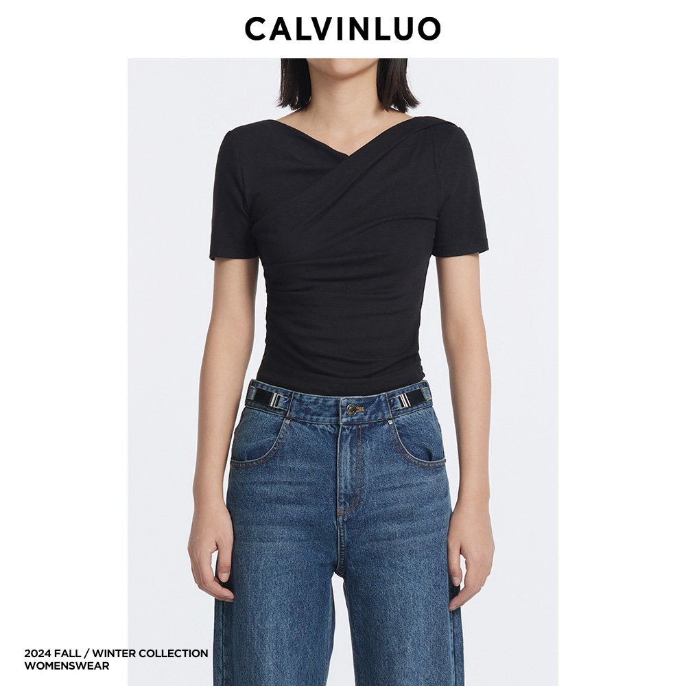 CALVINLUO 不对称褶皱修身v领短袖设计感T恤可一字肩夏季秦岚同款