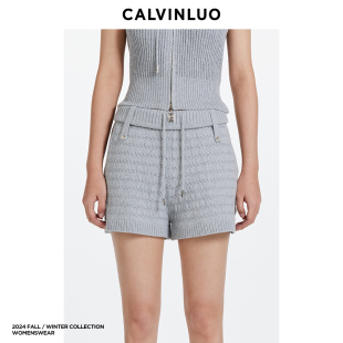 翻折腰头针织短裤 CALVINLUO 女装 黑色 24新品 灰色