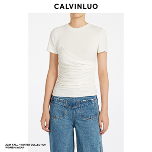 女纯色抽不对称拼接抽褶休闲百搭T恤 白色 24新品 CALVINLUO 棕色