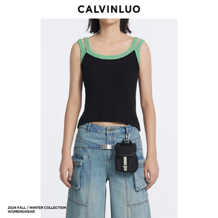 黑 女纯色百搭双肩带撞色吊带背心 白 24新品 CALVINLUO