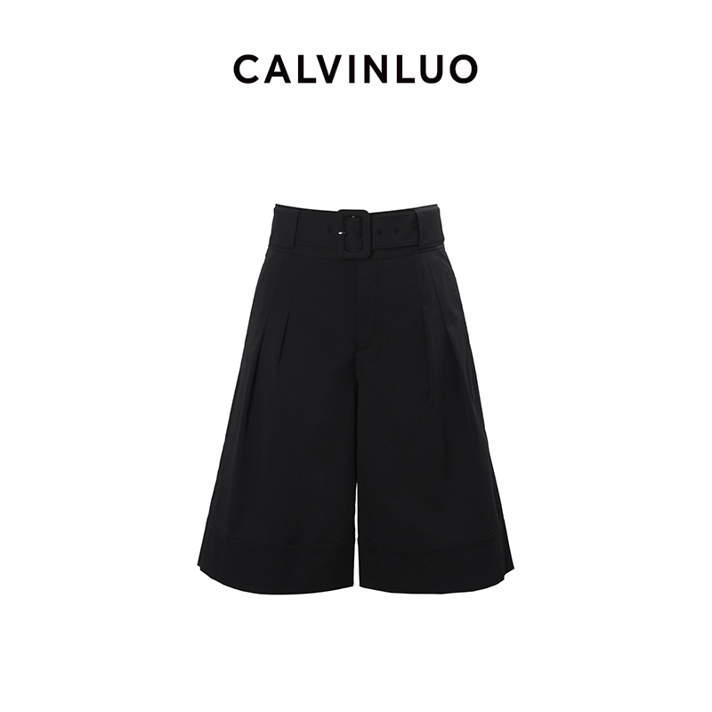 CALVINLUO 24新品  高腰宽腰带阔腿五分裤 黑色/卡其