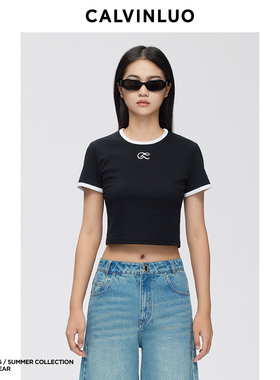 CALVINLUO 休闲圆领百搭logo修身短T恤 新品 白色/粉色/黑色