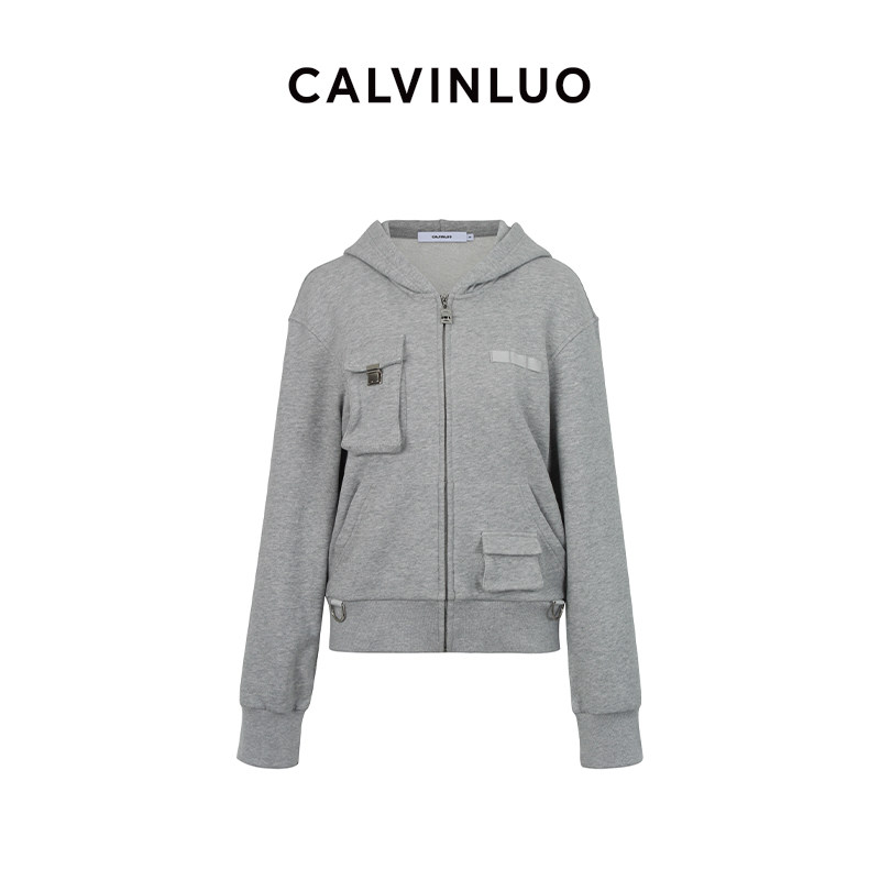 CALVINLUO 灰色工装口袋拉链连帽外套 24新品,女装/女士精品,短外套,淘宝优惠券,粉丝福利购,淘宝优惠卷