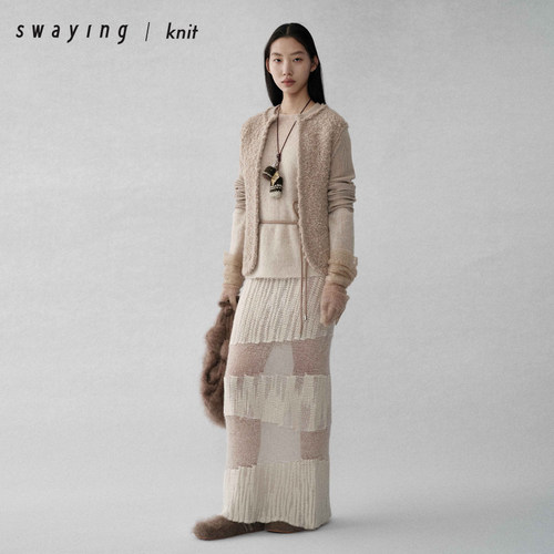 SWAYING官方 不规则斜条纹镂空长裙25AW秋冬气质通勤显瘦半身裙女