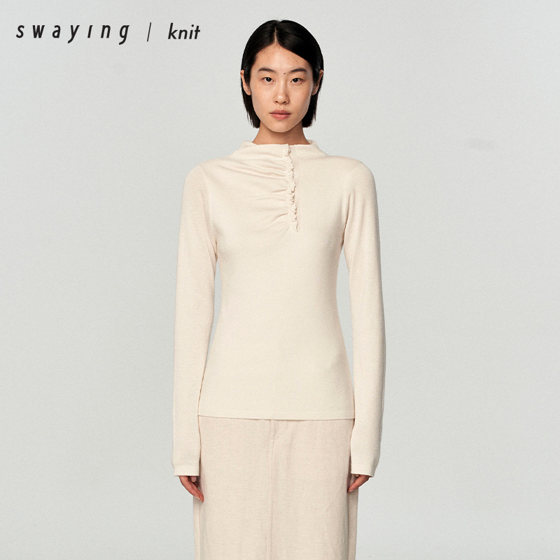 SWAYING丝羊绒褶皱斜开襟套衫