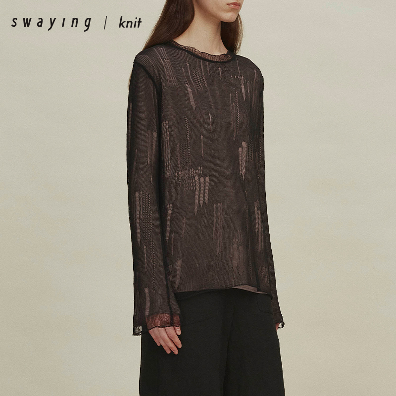 SWAYING官方长袖T恤24AW秋冬不规则镂空毛针织衫