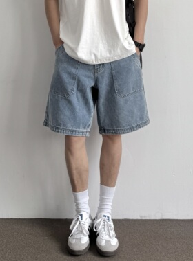 ONUN 复古水洗做旧蓝色牛仔短裤美式休闲宽松直筒贴袋五分裤夏季